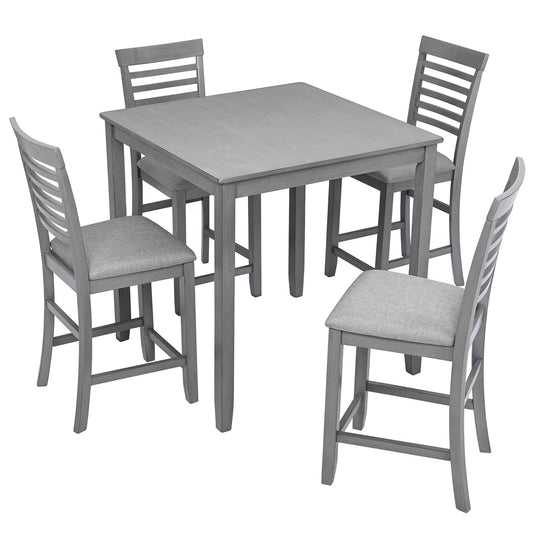 5 Piece Dining Table Set, Wooden Dining Square Table Set For 4, Counter Height Kitchen Table Set With Square Table And 4 Upholstered Chairs - Gray