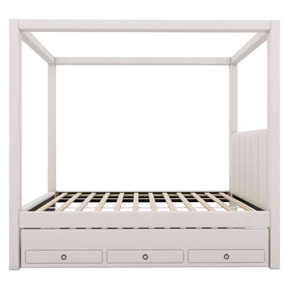 Upholstery Canopy Platform Bed With Trundle And Three Storage Drawers