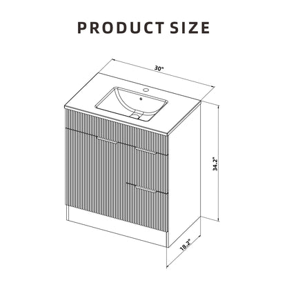 Bathroom Vanity With Sink, Freestanding Fluted Cabinet With 1 Door And 2 Drawers - Natural Walnut