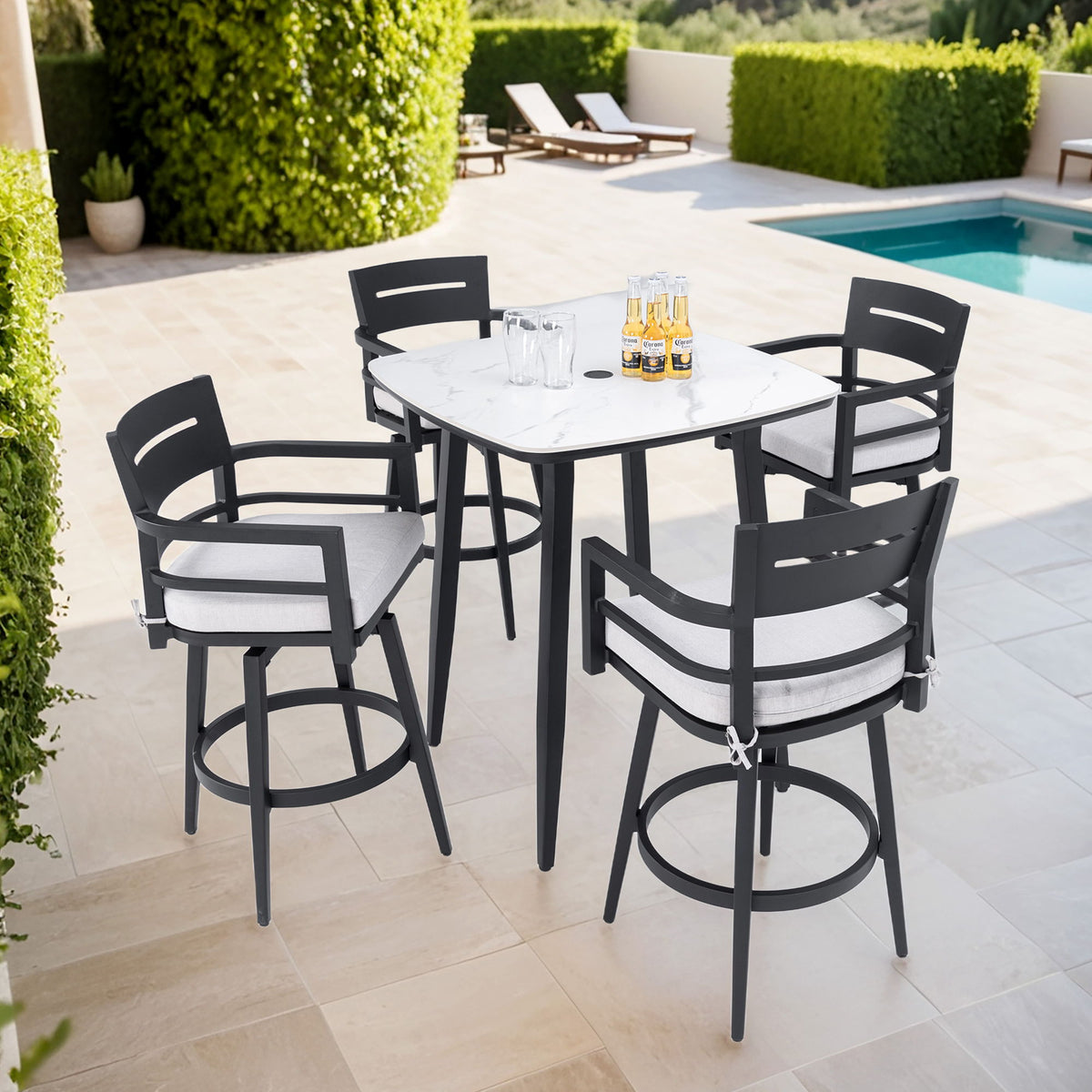 5 Pieces Outdoor Patio Bar Set, Rounded Square Sintered Stone Table & 4 Swivel Bar Chairs