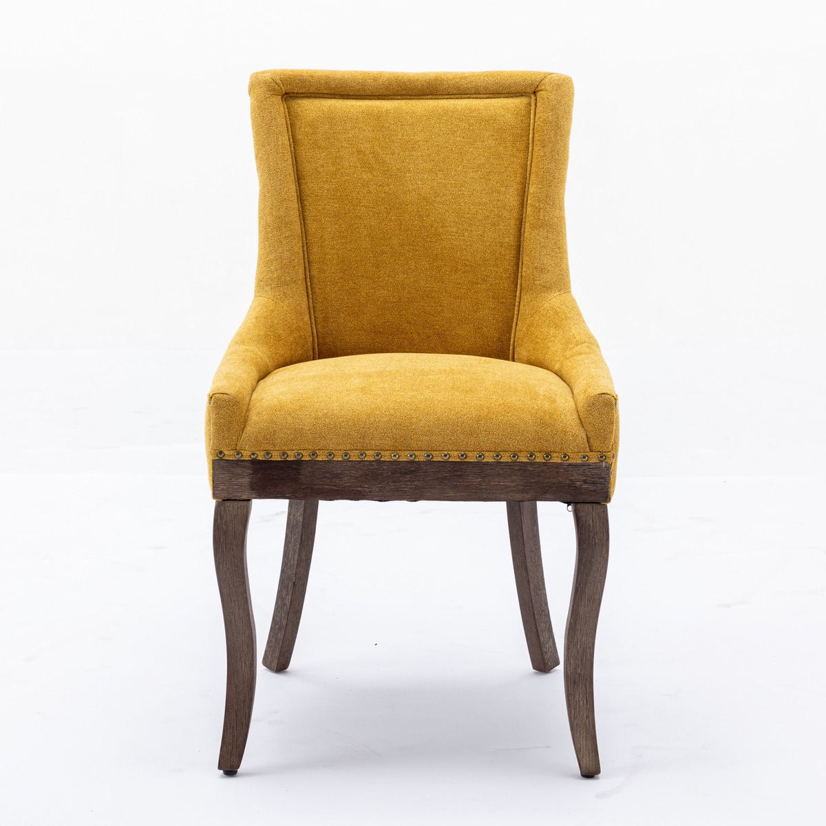 Silla de comedor Ultra Side, de tela gruesa con patas de madera maciza en tonos neutros y tachuelas de bronce (juego de 2)