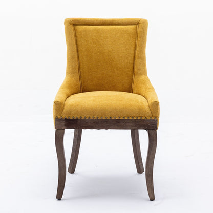 Silla de comedor Ultra Side, de tela gruesa con patas de madera maciza en tonos neutros y tachuelas de bronce (juego de 2)