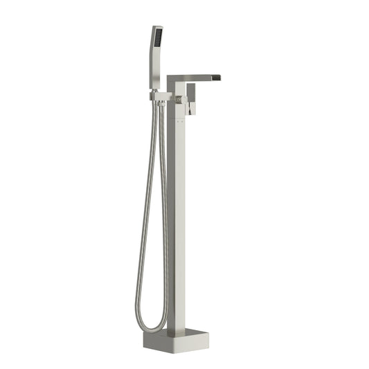Freestanding Bathtub Faucet Waterfall Tub Filler Floor Mount Solid Brass With Hand Shower - Brushed Nickel