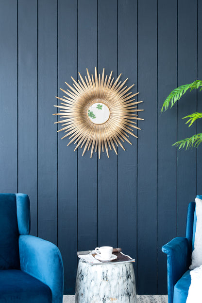 Espejo de pared de metal con diseño retro y efecto rayos de sol, ideal para dormitorio, vestidor, pasillo o sala de estar - Dorado