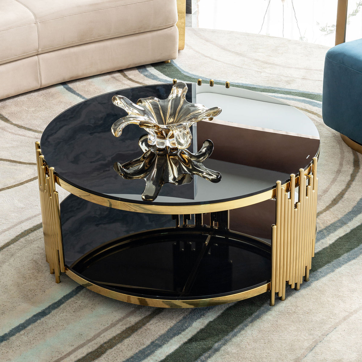 Elegant Round Table With Double Layer Tempered Glass Top And Stainless Steel Frame For Living Room