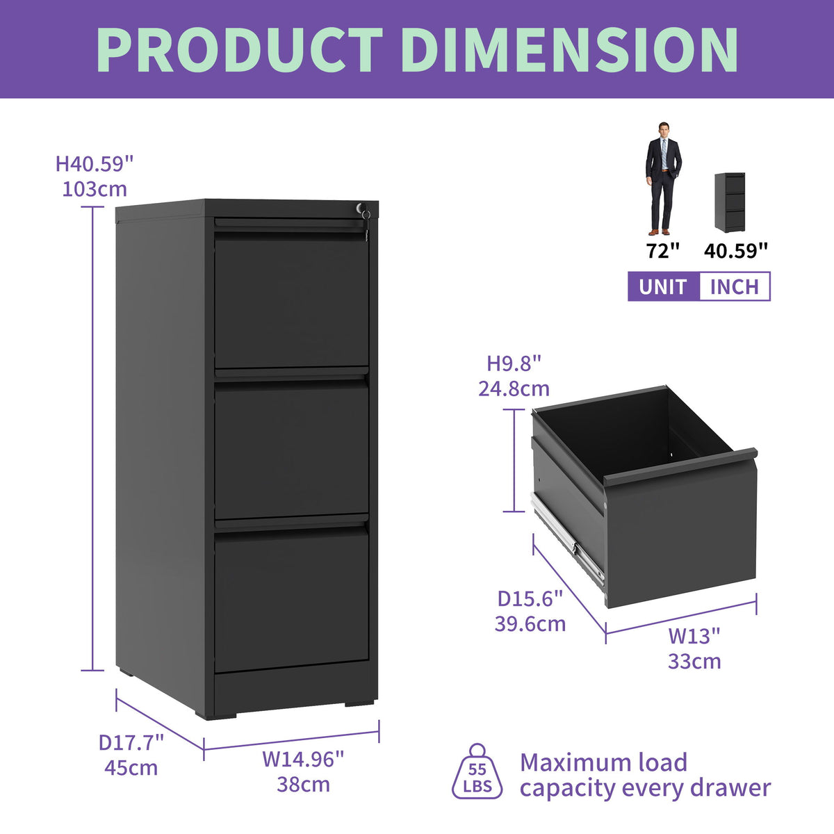 Steel Drawer Vertical File Cabinet With Lock For A4 Legal / Letter Size