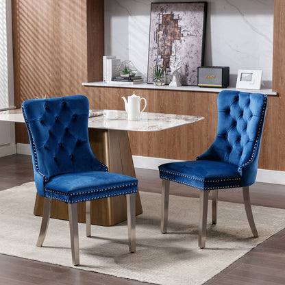 Nikki - Silla de comedor moderna y de alta gama, de madera maciza capitoné, tapizada en terciopelo, con patas de acero inoxidable cromado y ribete de tachuelas (juego de 2)