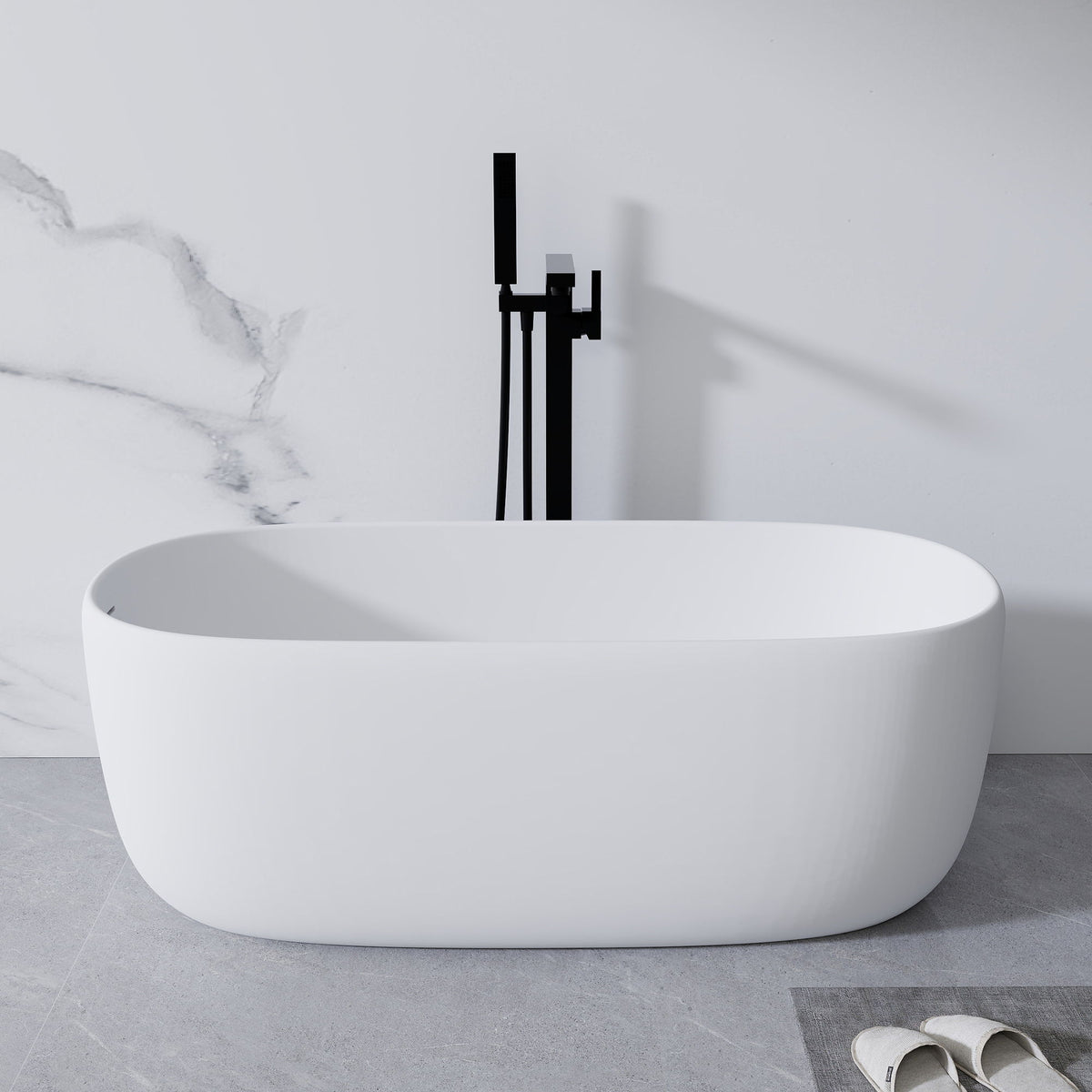 Bañera independiente de piedra de resina, superficie sólida, moderna, con rebosadero y desagüe automático, color blanco mate.