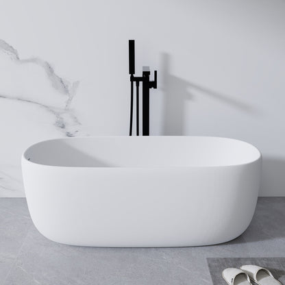 Bañera independiente de piedra de resina, superficie sólida, moderna, con rebosadero y desagüe automático, color blanco mate.