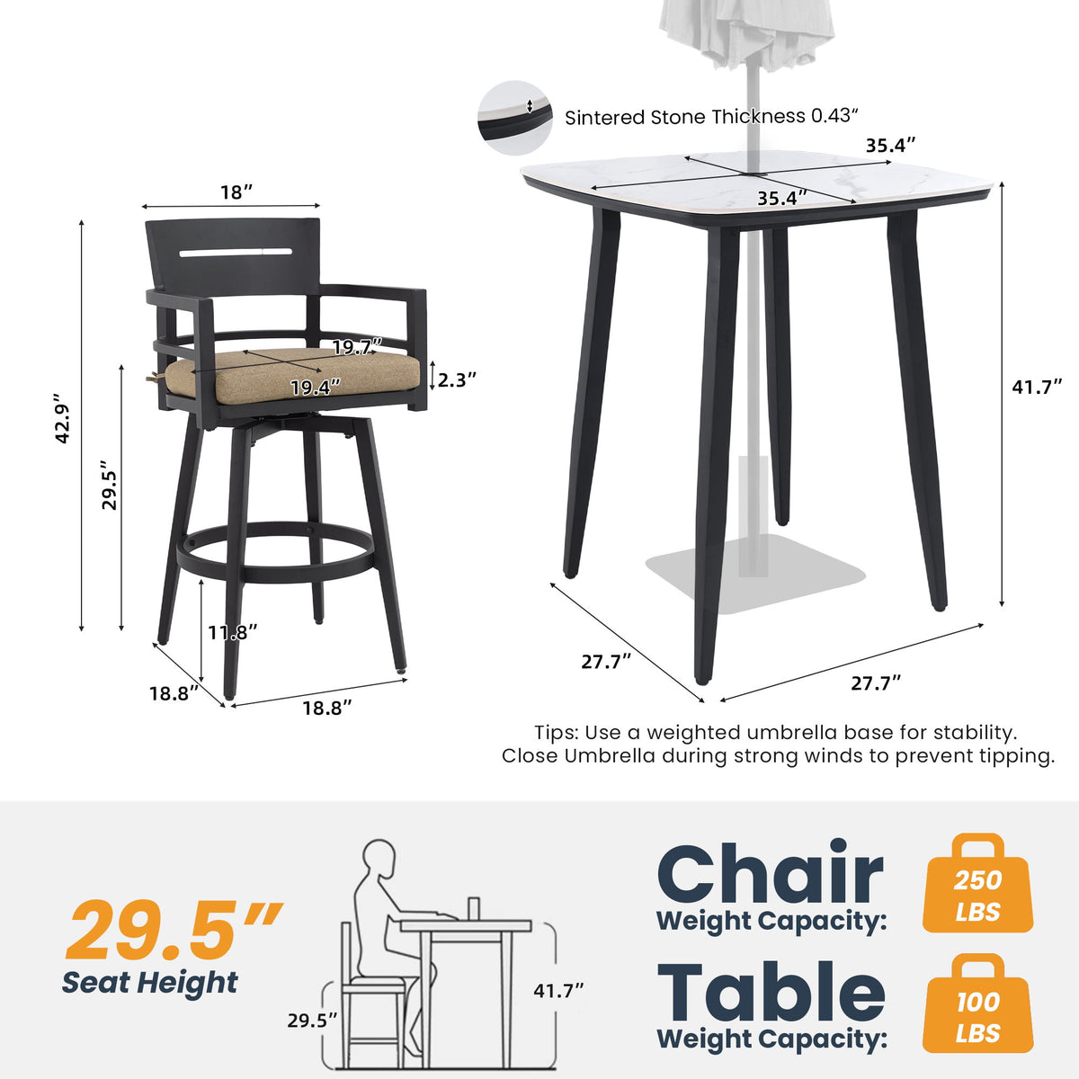5 Pieces Outdoor Patio Bar Set, Rounded Square Sintered Stone Table & 4 Swivel Bar Chairs