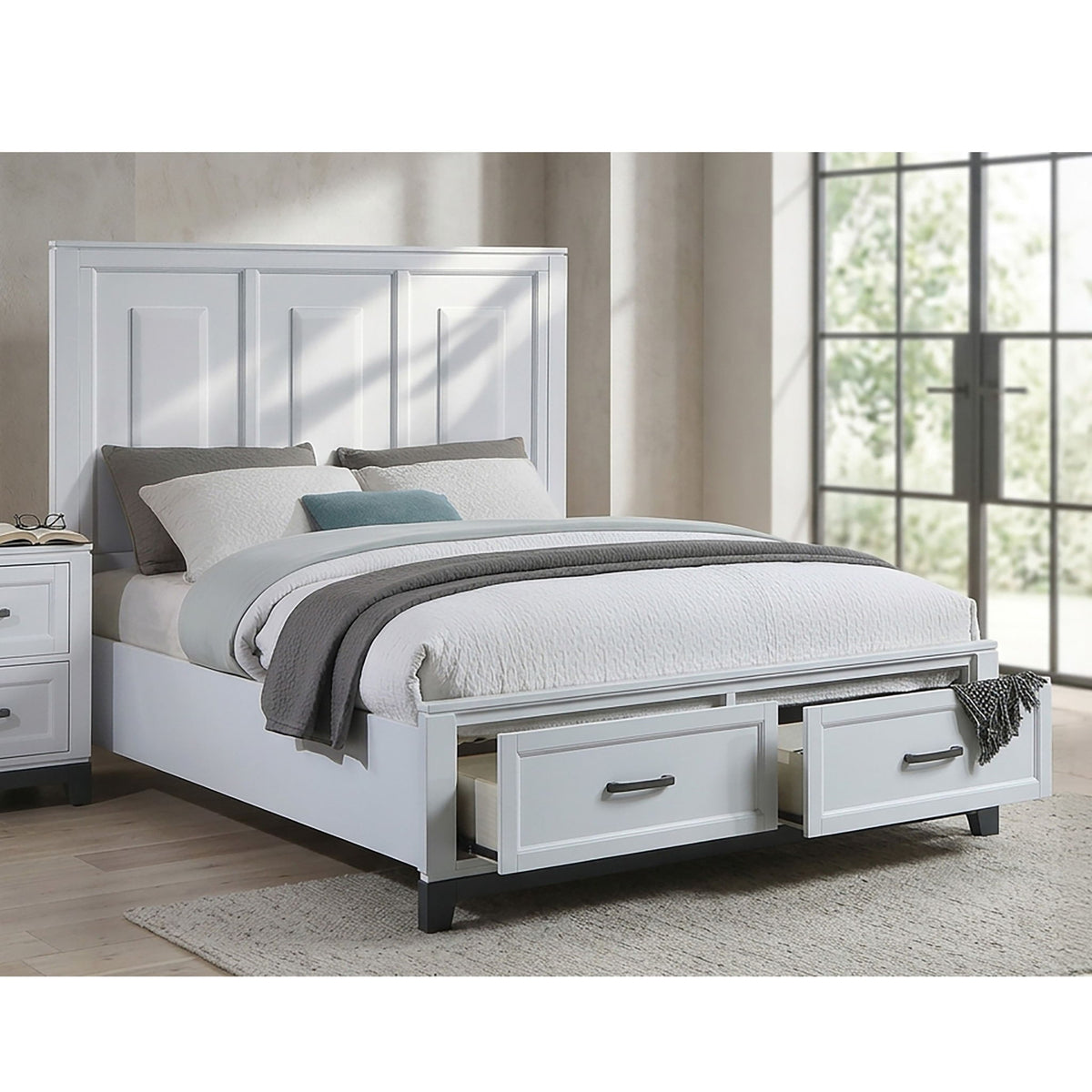 3 Piece Bedroom Furniture Panel Headboard White Eastern King Size Bed W Underbed Drawers 2X Nightstands