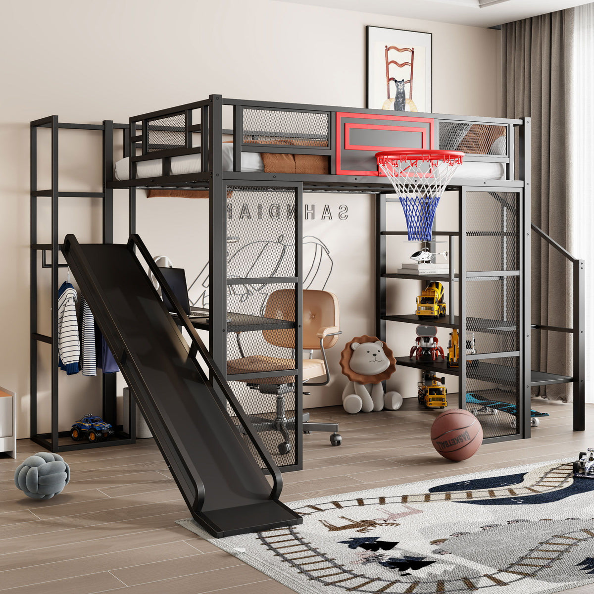 Loft Bed With Built In Desk, Open Wardrobe, Basketball Hoop, Slide And Staircase