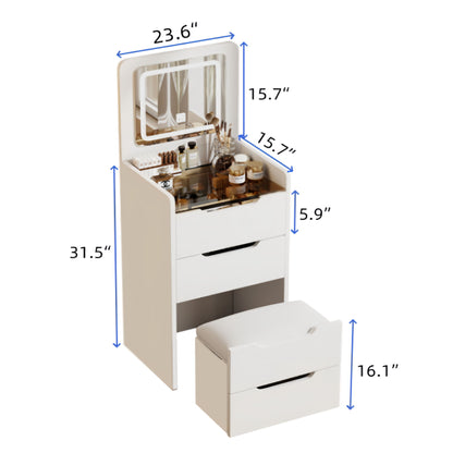 3 In 1 Vanity Desk With Flip Top Mirror, Compact Makeup Table With Glass Top And 3 Drawers For Bedroom - White