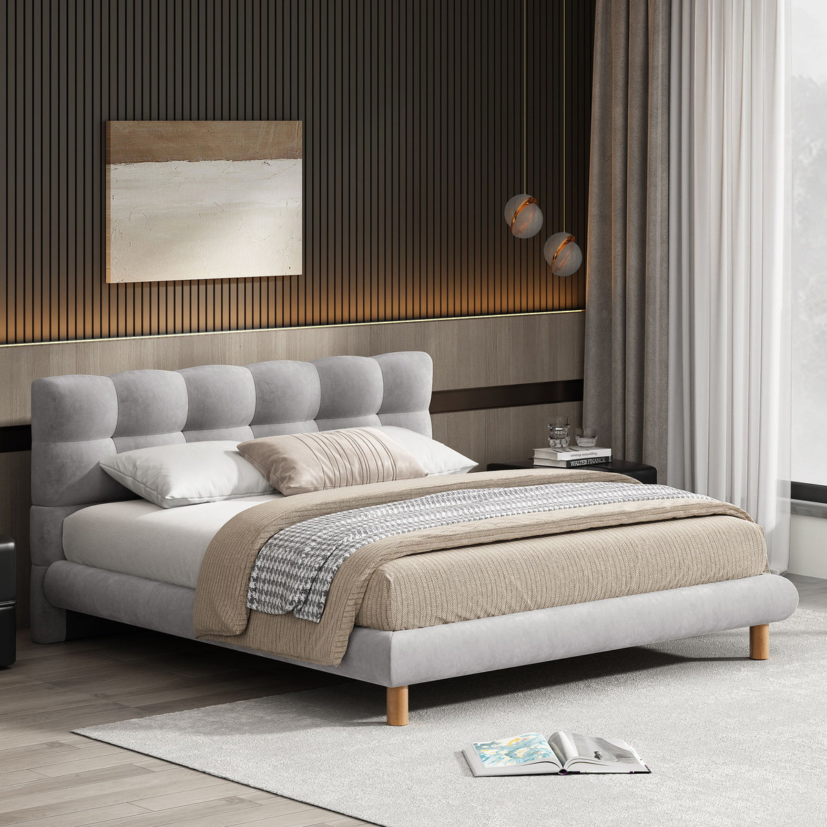 Full Upholstered Platform Bed Frame With Cookie Shaped Headboard - Gray