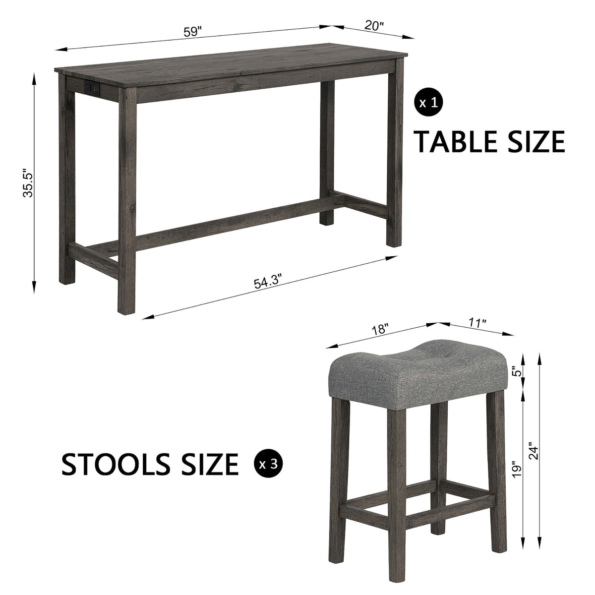 4 Piece Bar Table Set With Power Outlet, 3 Padded Stools