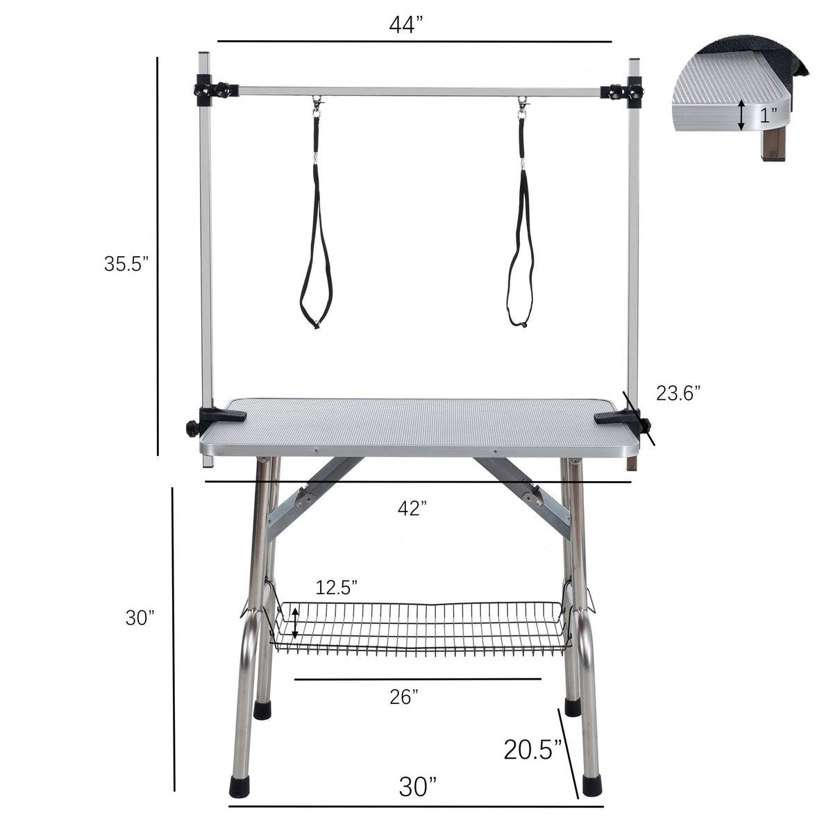 Mesa de aseo plegable para perros y gatos con marco de acero inoxidable y alfombrilla de goma integrada, brazo ajustable y abrazaderas.
