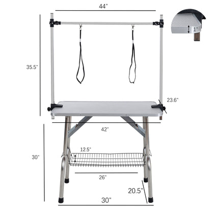 Mesa de aseo plegable para perros y gatos con marco de acero inoxidable y alfombrilla de goma integrada, brazo ajustable y abrazaderas.