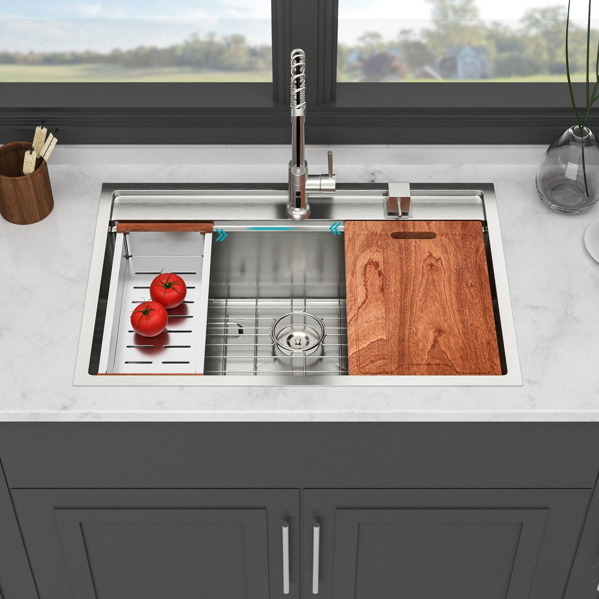 33" Drop In Kitchen Sink With Workstation, 16 Gauge Stainless Steel - Brushed Nickel