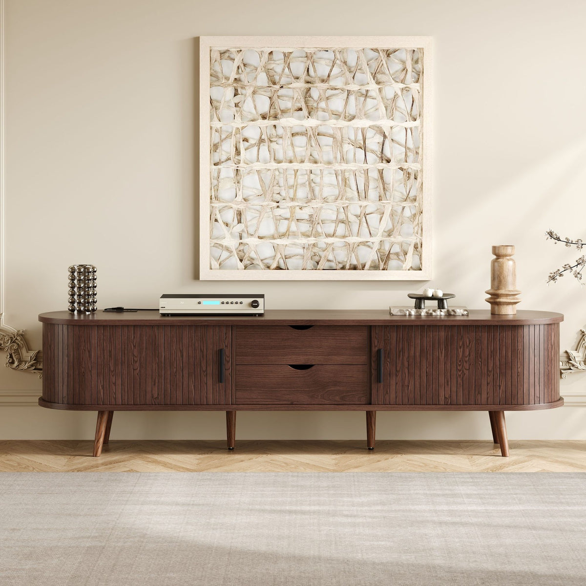 TV Stand For 70" TV, Console With Tambour Doors, Drawers And Built In Power Outlet - Dark Brown