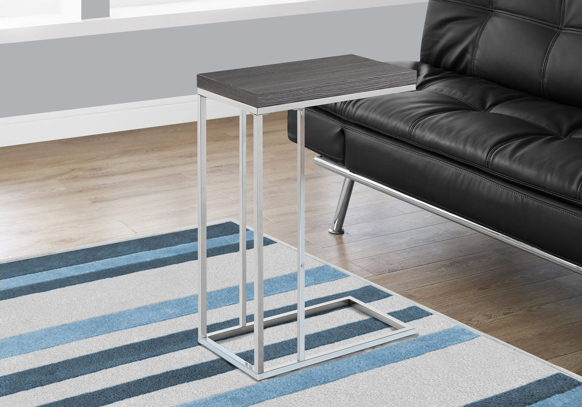 Mesa auxiliar en forma de C, vidrio templado, diseño elegante, contemporáneo y moderno.