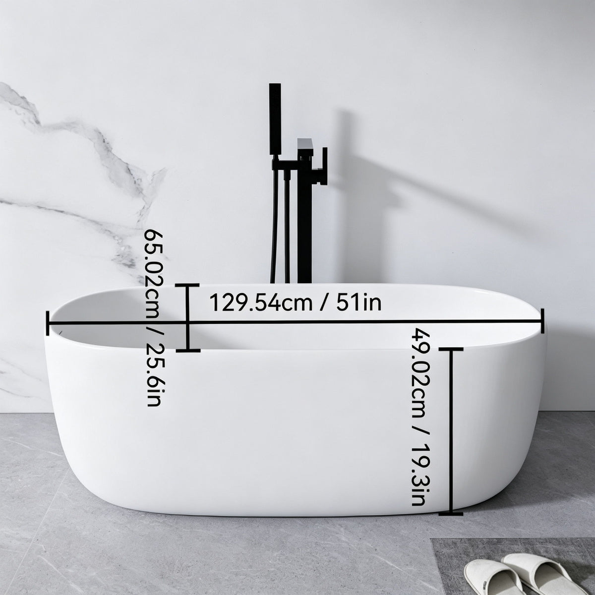 Bañera independiente de piedra de resina, superficie sólida, moderna, con rebosadero y desagüe automático, color blanco mate.