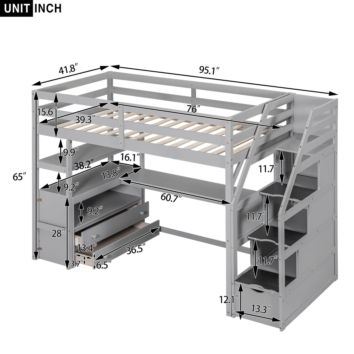 Loft Bed With Desk, Shelves, 2 Drawers, Storage Staircase