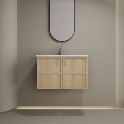Wall Mounted Bathroom Vanity With Ceramic Sink And 2 Soft Closing Doors