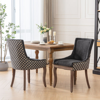 Silla de comedor Ultra Side, de tela gruesa con patas de madera maciza en tonos neutros y tachuelas de bronce (juego de 2)