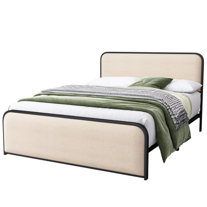 Modern Bed With Curved Upholstered Headboard And Footboard, Heavy Duty Metal Slats