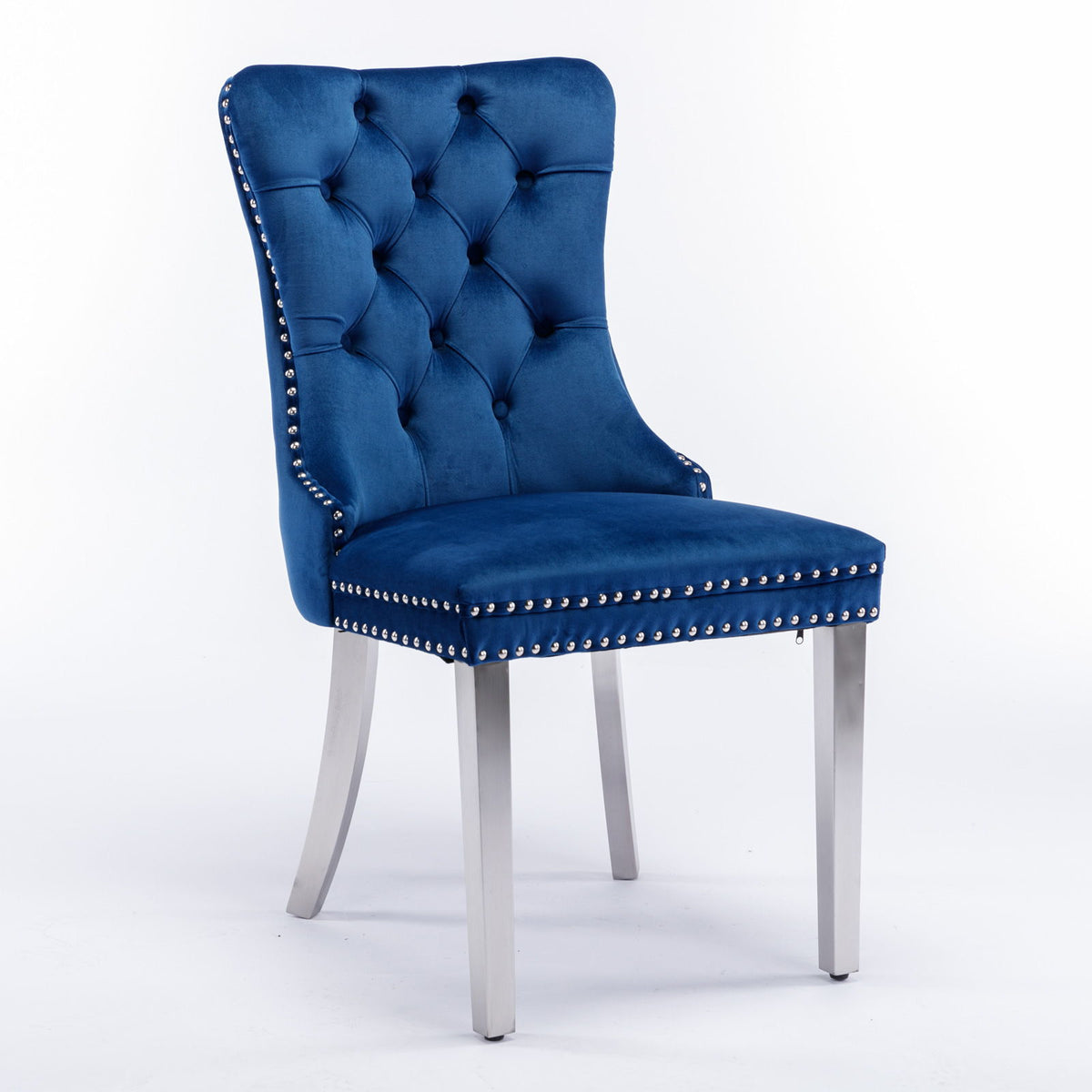 Nikki - Silla de comedor moderna y de alta gama, de madera maciza capitoné, tapizada en terciopelo, con patas de acero inoxidable cromado y ribete de tachuelas (juego de 2)