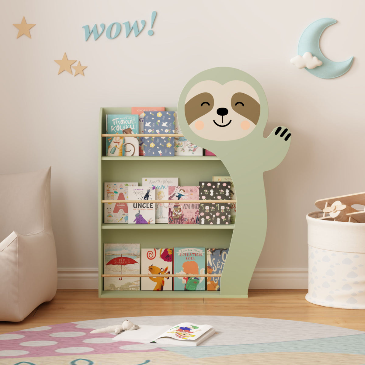 Sloth Bookshelf, Front Facing Toddler Book Display Rack With 3 Tiers, Cute Animal Design - Sage Green