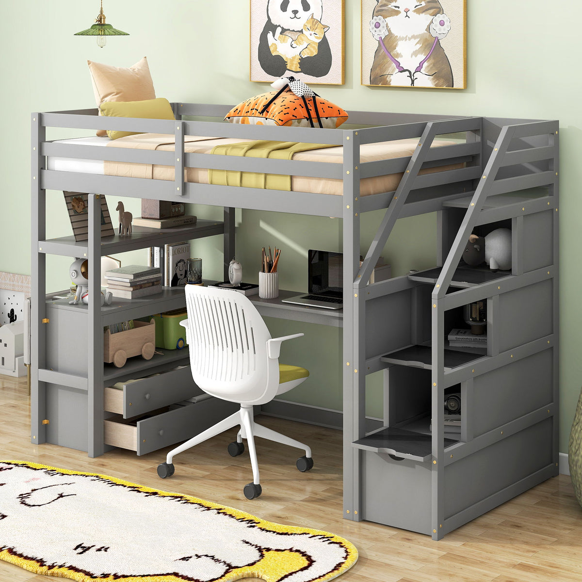 Loft Bed With Desk, Shelves, 2 Drawers, Storage Staircase