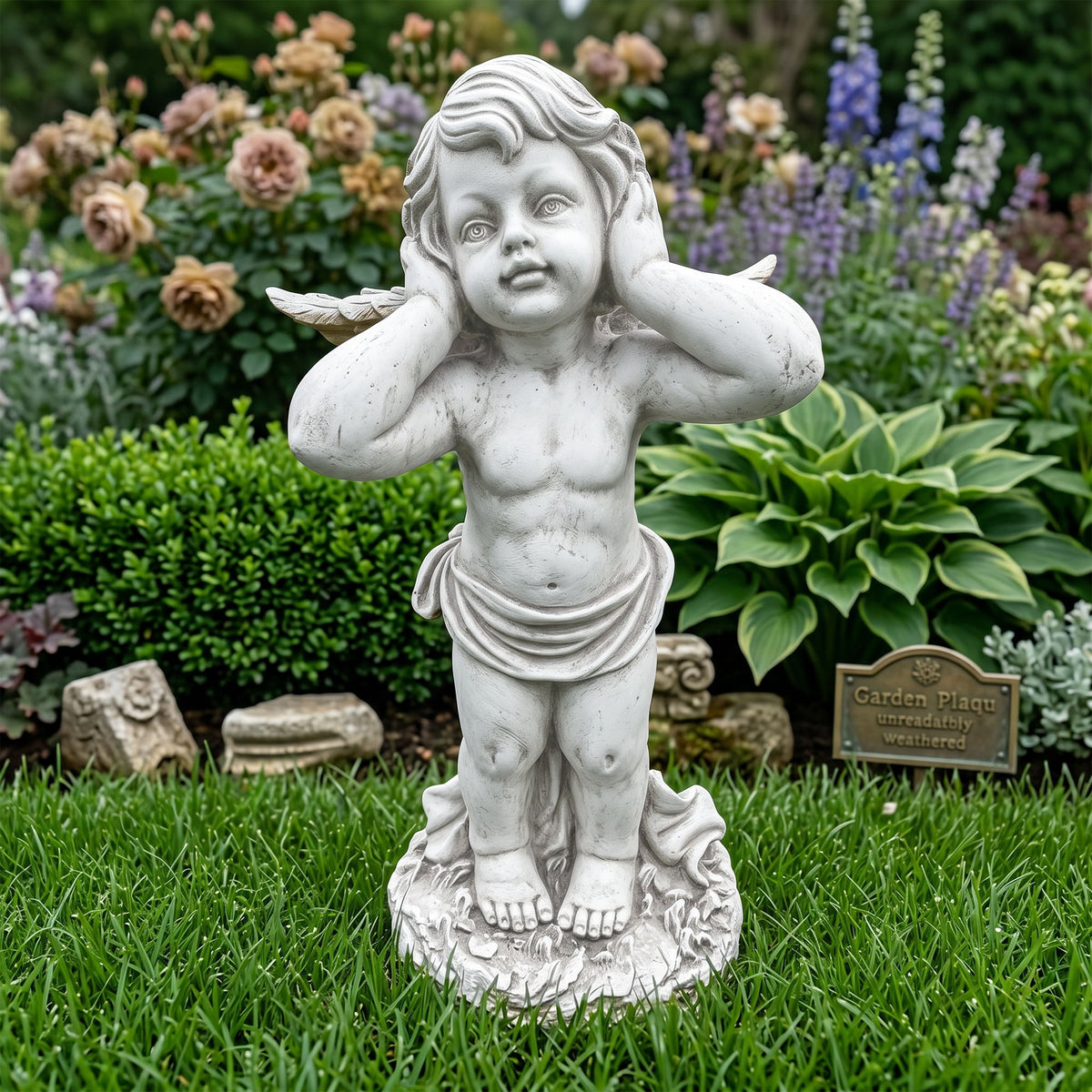 Winged Angel Covering Her Ears Resin Ornament, Outdoor Garden Sculpture, Suitable For Lawns, Patios, And Courtyard Decoration.