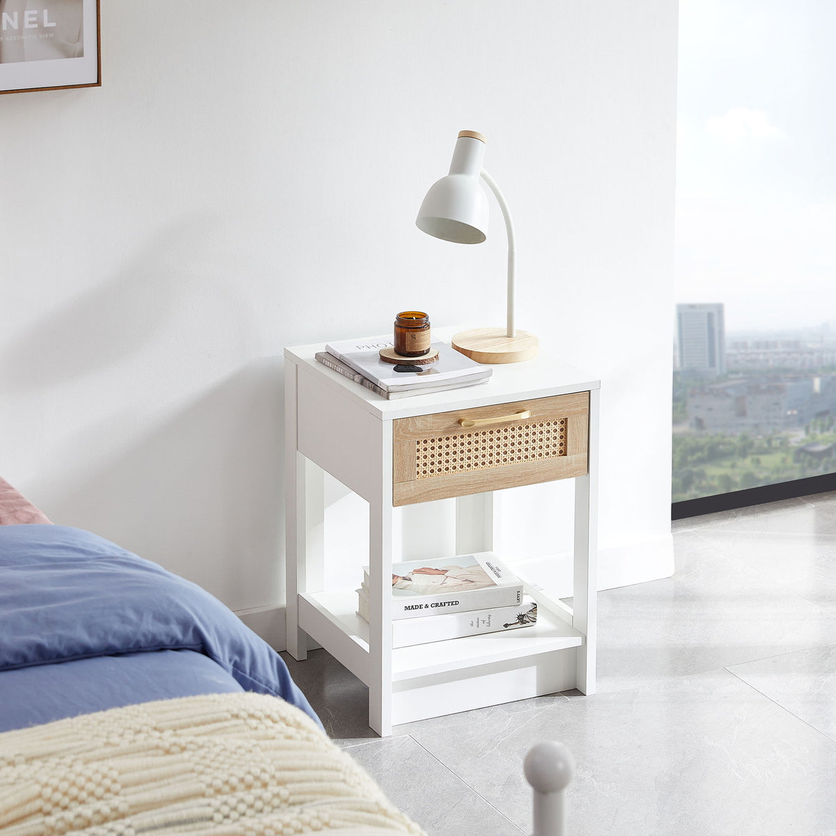 Mesa auxiliar de ratán de 40 cm con cajón, mesita de noche moderna, mesa auxiliar para sala de estar y dormitorio