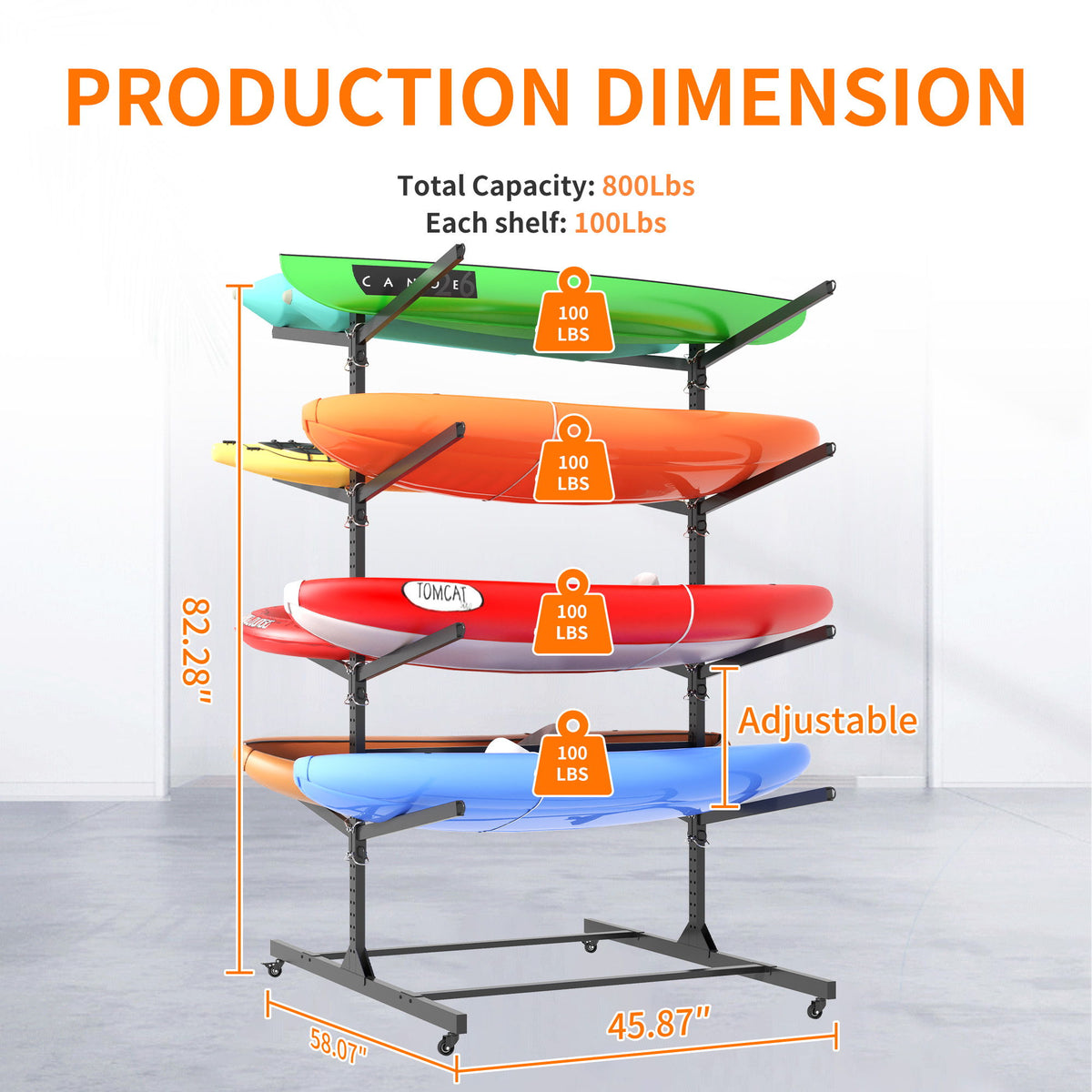 Freestanding Kayak Storage Rack With Lockable Wheels For Kayak, Canoe, Sup & Surfboard