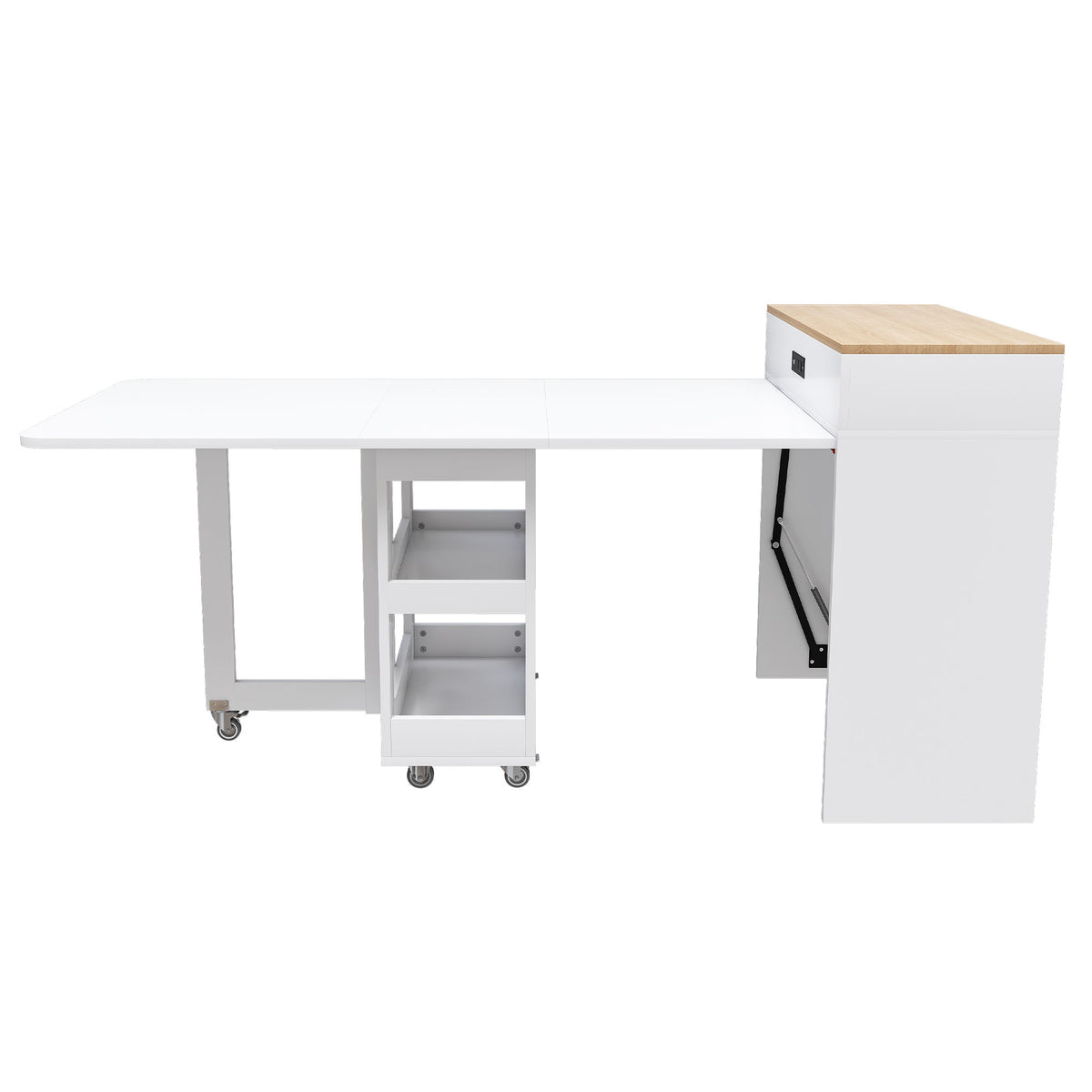 Extendable Dining Table With Power Socket, Lockable Casters, Storage Cabinet