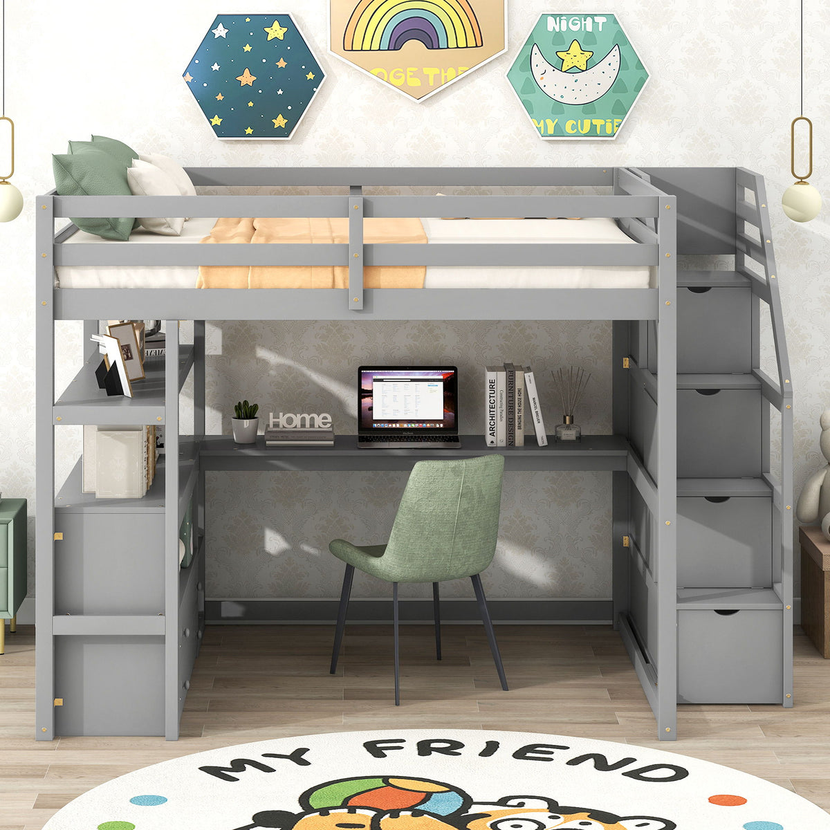 Loft Bed With Desk, Shelves, 2 Drawers, Storage Staircase