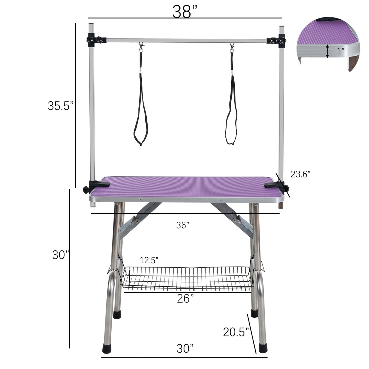 Mesa de aseo plegable para perros y gatos con marco de acero inoxidable y alfombrilla de goma integrada, brazo ajustable y abrazaderas.