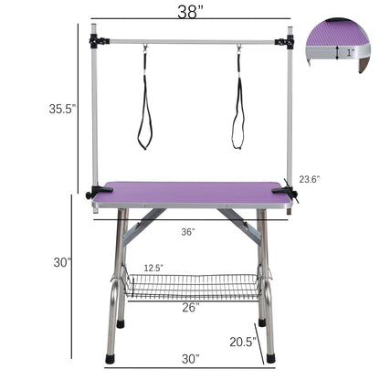 Mesa de aseo plegable para perros y gatos con marco de acero inoxidable y alfombrilla de goma integrada, brazo ajustable y abrazaderas.