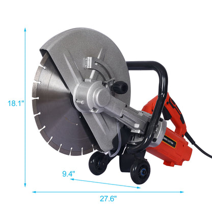 14" Electric Cut Off Saw Wet / Dry Concrete Saw Cutter With Guide Roller And Water Line Attachment, 3000W - Black / Silver