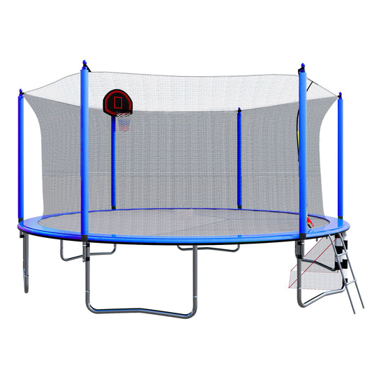 16Ft Trampoline With Basketball Hoop Pump And Ladder (Inner Safety Enclosure) With Soccer Goal - Blue