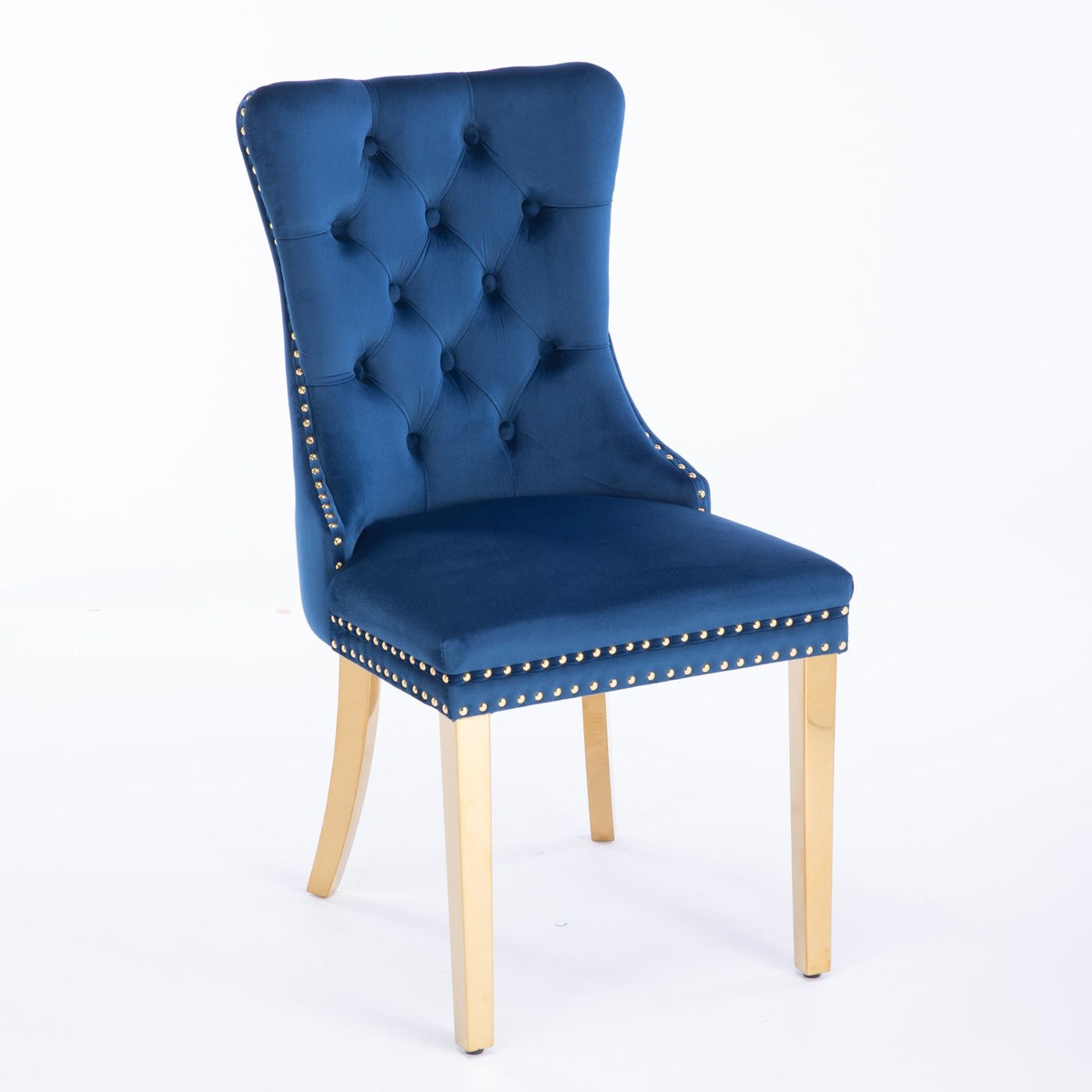 Nikki - Silla de comedor moderna y de alta gama, de madera maciza capitoné, tapizada en terciopelo, con patas de acero inoxidable dorado y ribete de tachuelas (juego de 2)