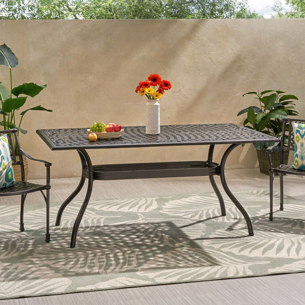 Celestine - Outdoor Cast Aluminum Dining Table With Floral Lattice Design And Umbrella Holder