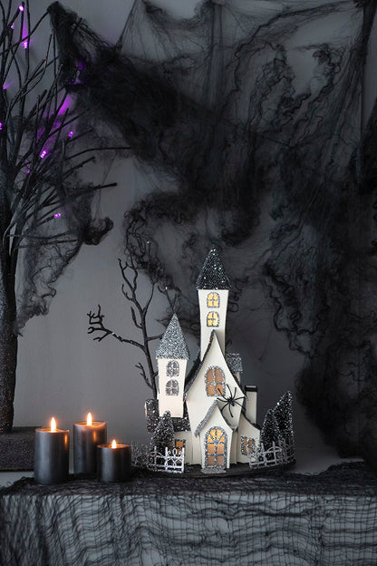 Casa embrujada iluminada de cartón, decoración de mesa para Halloween, funciona con pilas, beige/negro