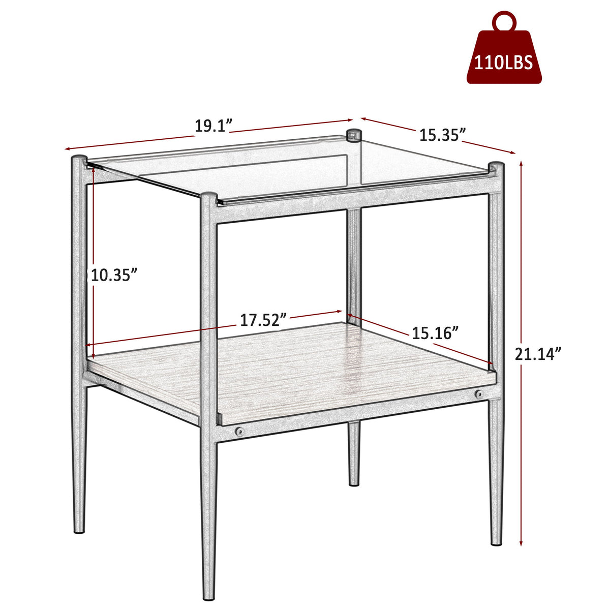 Modern Rectangle End Table (Set of 2) With Tempered Glass Tabletop And Layer - Brown