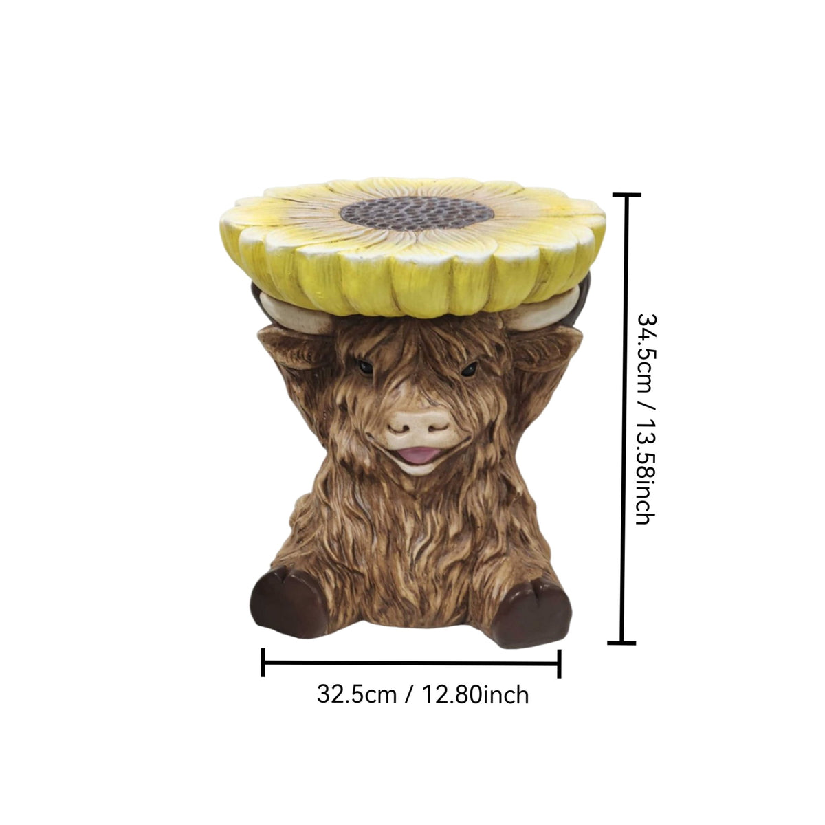 Highland Cow Stool With Sunflower Top, Animal Figurine Seat, Indoor Outdoor Decor - Apricot Brown