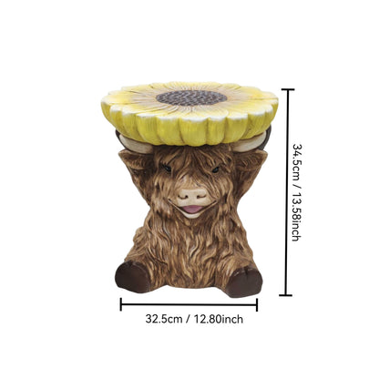 Highland Cow Stool With Sunflower Top, Animal Figurine Seat, Indoor Outdoor Decor - Apricot Brown