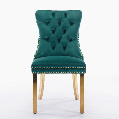 Nikki - Silla de comedor moderna y de alta gama, de madera maciza capitoné, tapizada en terciopelo, con patas de acero inoxidable dorado y ribete de tachuelas (juego de 2)