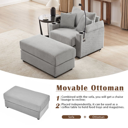 Modern Style Single Sofa Sofa Couch With Storage Space, A Movable Ottoman, 2 USB Ports, 2 Cup Holders, A Phone Holder For Living Room