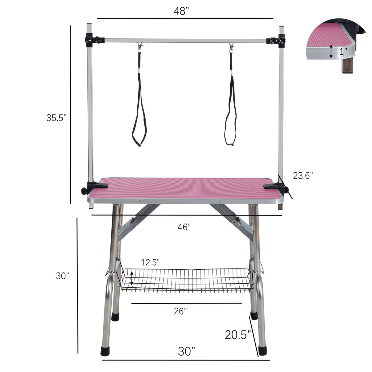 Mesa de aseo plegable para perros y gatos con marco de acero inoxidable y alfombrilla de goma integrada, brazo ajustable y abrazaderas.